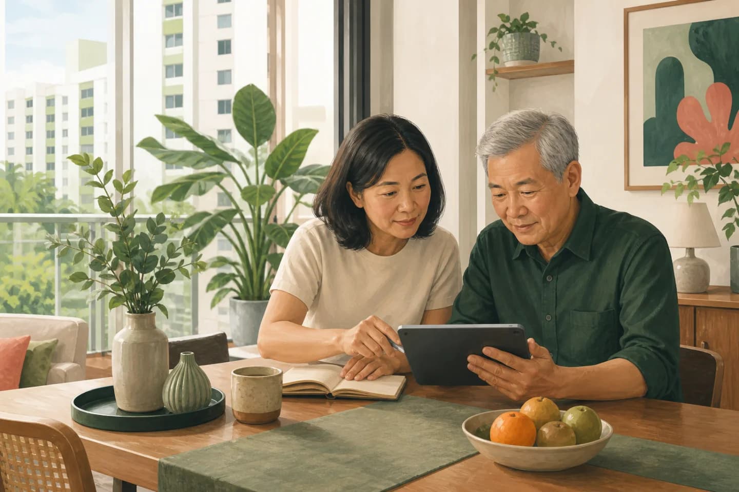 An older adult and family member reviewing care options together at home